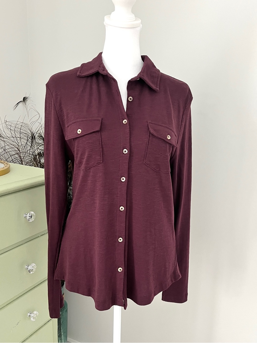 Women's Slub Knit Long Sleeve Button-Front Shirt - Plum - Picture 3 of 4